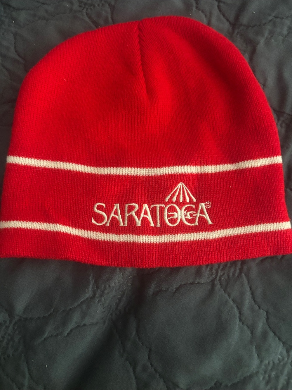 Saratoga Raceway Red Knit Beanie with White Stripe Accents